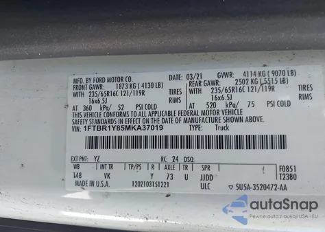 2021 Ford Transit-250 z USA, uszkodzony, nr VIN 1FTBR1Y85MKA37019